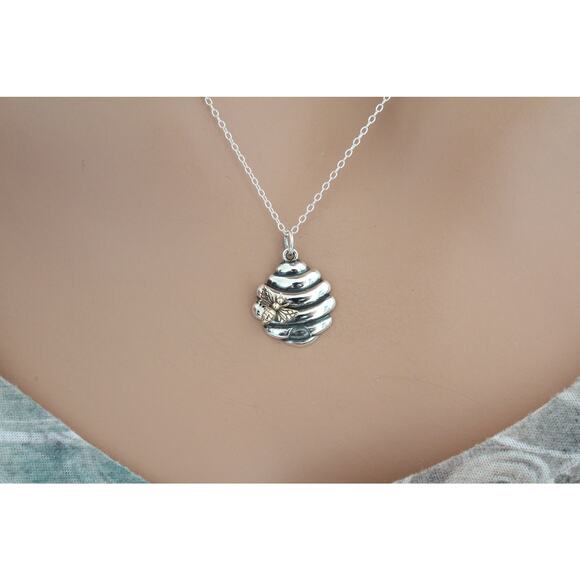 Sterling Silver Beehive Charm with Bronze Bee Silver Beehive Necklace - Picture 1 of 4